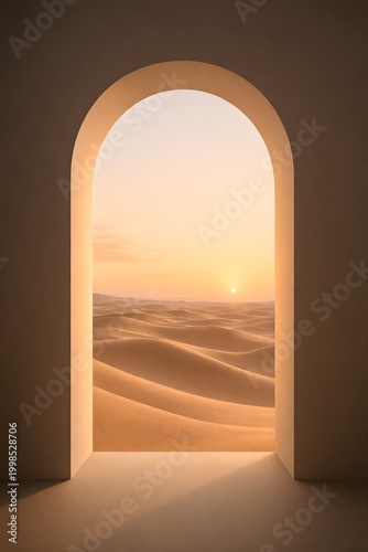 Desert View Through Archway at Sunrise - Minimal Sand Dunes Landscape Background