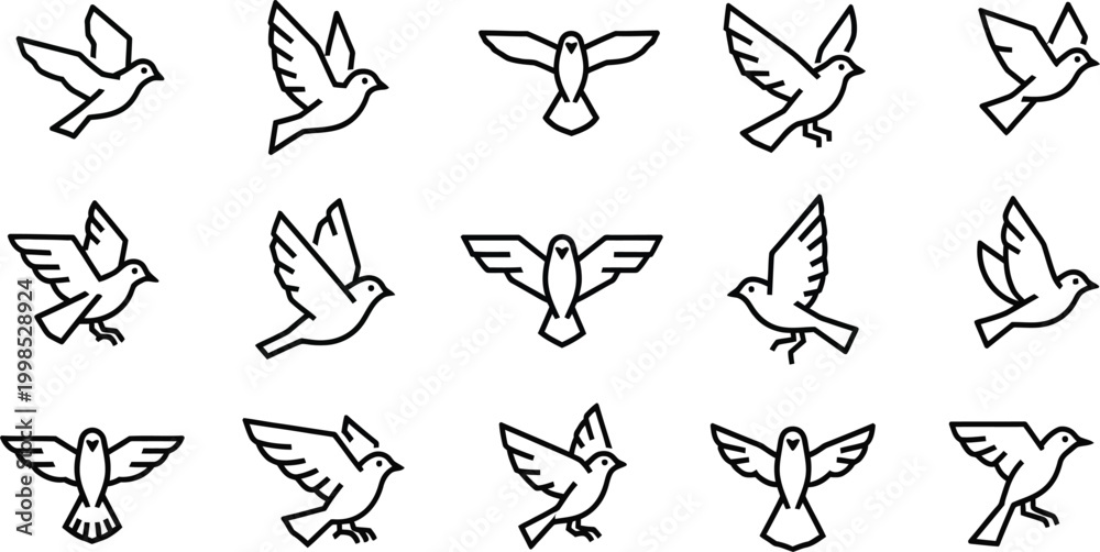 Fototapeta premium Flying Dove Icons, Bird Silhouettes, White Background, 12 Black Line Art Birds, Vector Graphics