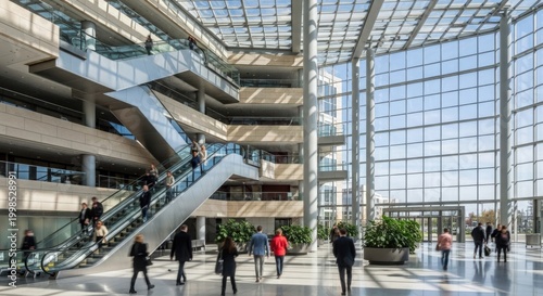 Modern glass office building interior with escalators and busy employees.