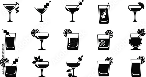 Cocktail icons, drink symbols, bar illustrations, 16 black and white vector graphics
