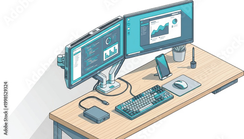 Modern flat design panoramic triple monitor workstation for coding and photography on white.