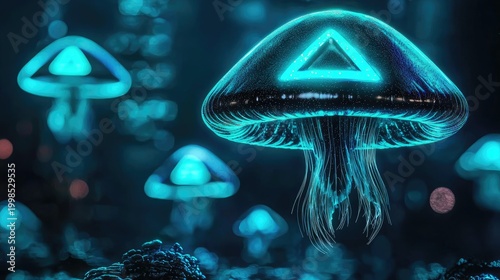 Glowing, translucent fungi in an ethereal underwater scene.