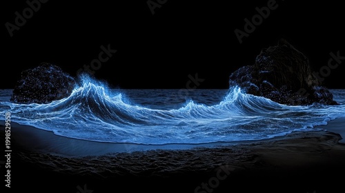 Nighttime shoreline scene with luminous ocean waves.