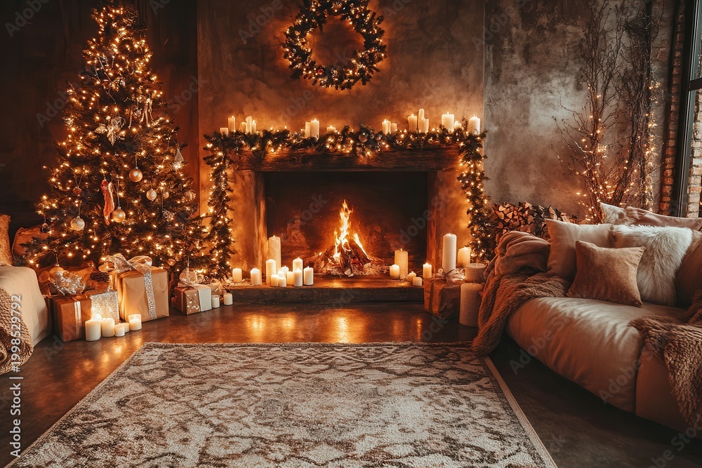 Fototapeta premium Warmly lit living room roaring fireplace with candles/garland, decorated tree & gifts, plush sofa with blankets. Rustic brick walls, rug. Festive, inviting.