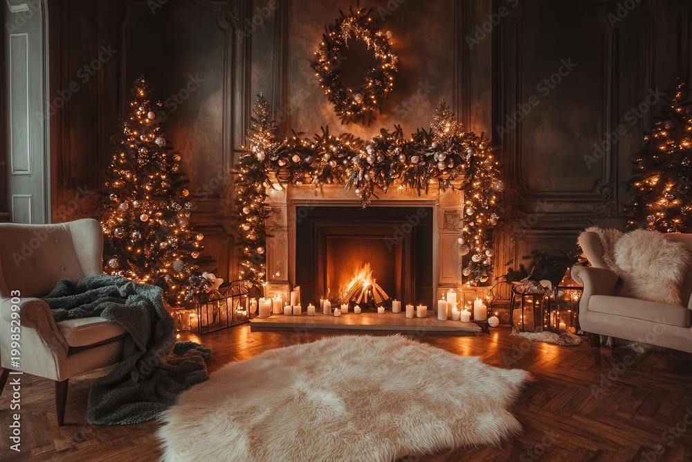 Fototapeta premium Luxury holiday living room roaring fireplace, lit trees, plush seating, candlelight. Rich wood floors, dark walls, white fur rug. Opulent, festive ambiance.
