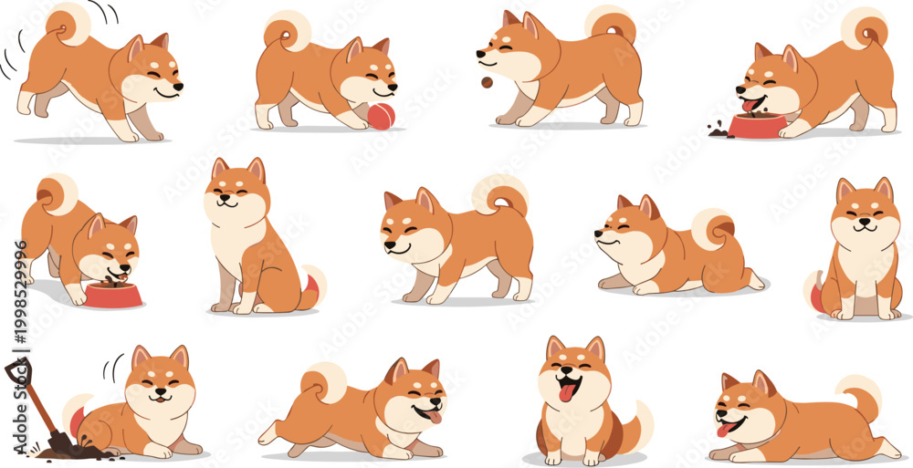 Fototapeta premium Cute Shiba Inu Dog Activity Set with Playing Running Sitting Eating and Digging Poses Cartoon Pet Character Collection Illustration