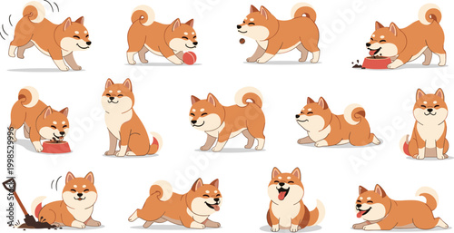 Cute Shiba Inu Dog Activity Set with Playing Running Sitting Eating and Digging Poses Cartoon Pet Character Collection Illustration
