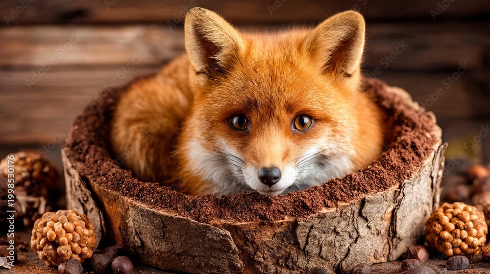 Fototapeta premium Fox Curled Inside a Ring of Bark Fragments with Seeds and Nuts Around