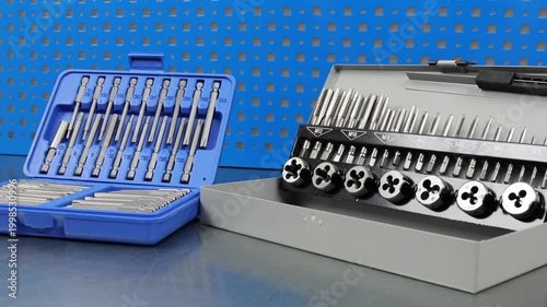 A set of tools with bits in a plastic case.A set of metal bits for installation work in a plastic case.