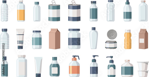 Packaging Container Set with Plastic Bottles Jars Cans Cartons and Cosmetic Tubes Modern Product Packaging Collection Illustration