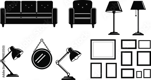 Set of Interior Furniture Icons Including Sofa Armchair Lamps Mirror and Picture Frames Vector Illustration