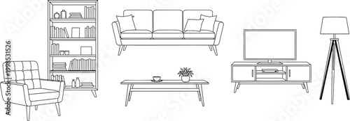 Set of Modern Living Room Furniture Outline Vector Illustration Featuring Sofa Bookshelf Table and Floor Lamp