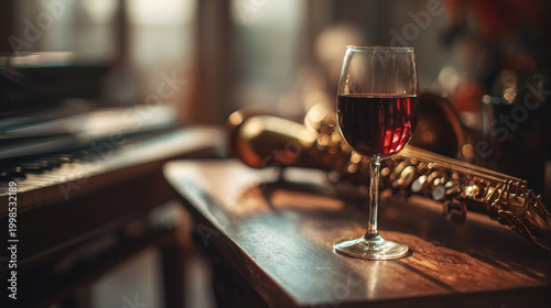 Glass of red wine on a wooden table, jazz playing softly. 