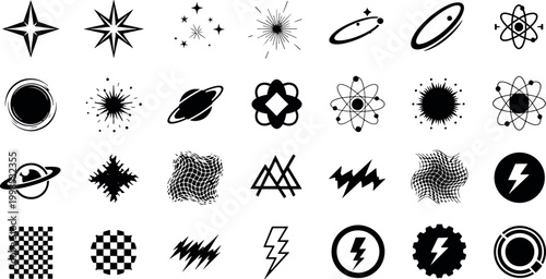 Collection of abstract geometric shapes stars sparkles planets and scientific atomic icons for modern graphic design projects and creative vector illustration