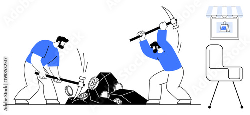 Labor and industry, manual work, construction, mining, workforce, productivity. Two workers breaking rocks with a pickaxe and sledgehammer. Labor and industry concepts