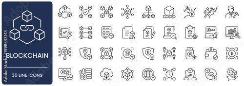 Blockchain line icon set. Collection of cryptocurrency, decentralized network, distributed ledger and smart contract outline vector symbols with editable stroke.