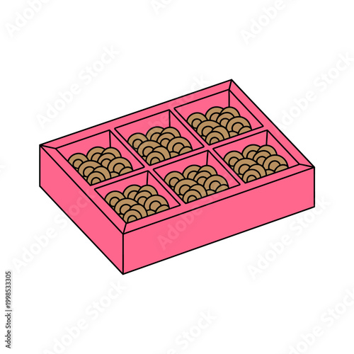 Pink box filled with many brown coins in six separate compartments