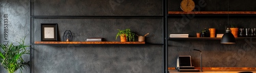 Stylish dark interior with wooden shelving