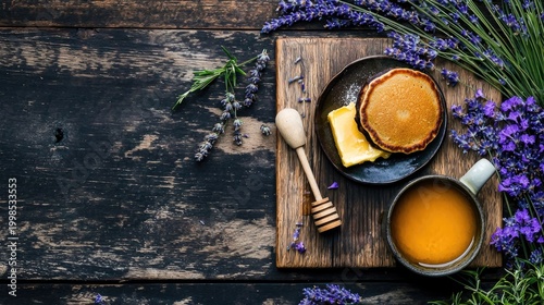 Rustic breakfast scene with lavender and honey.