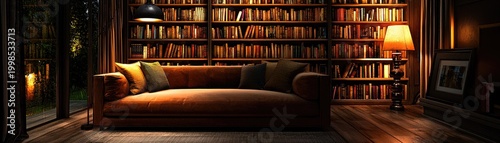 Cozy reading nook with extensive bookshelf collection
