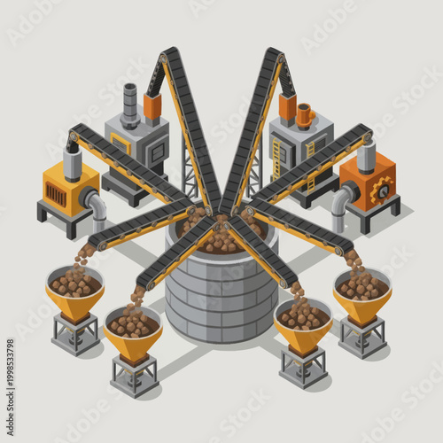 Industrial conveyor system processing raw materials in a factory setting.