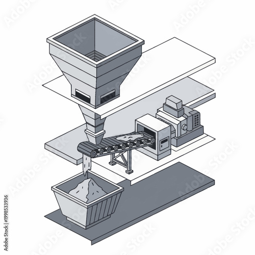 Industrial manufacturing process diagram with conveyor belt.