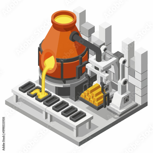 Industrial metal casting factory with molten metal pouring into molds.