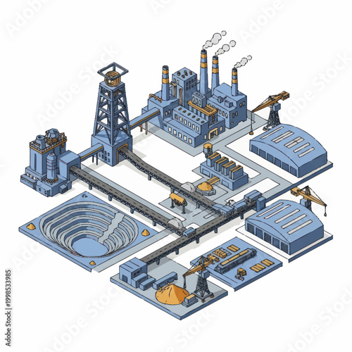 Industrial mining complex with processing plants and storage facilities.
