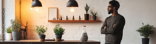 Stylish interior scene with a man and plants.