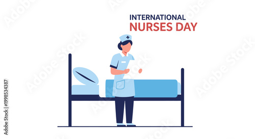 Celebrate International Nurses Day with a dedicated illustration featuring a nurse caring for a patient in a hospital bed, honoring healthcare professionals
