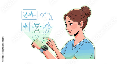 Young female scientist interacting with holographic medical data displays projected from her smartwatch, illustrating future healthcare technology