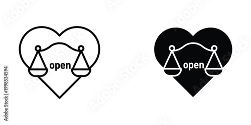 Contrast of open relationships depicted through heart and balance scales imagery