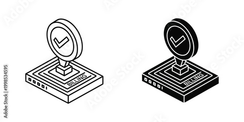 Isometric icons depicting successful billing and payment confirmation processes