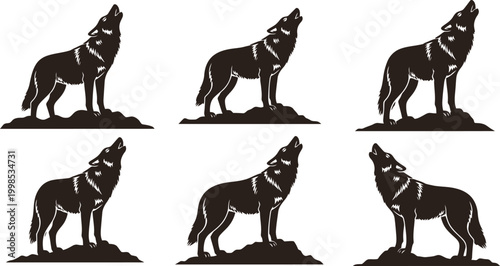 Six dark silhouette wolves howling at the moon on rocky outcrops