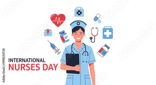 Celebrating International Nurses Day with a dedicated medical professional surrounded by healthcare symbols, honoring their vital contributions to well-being and patient care
