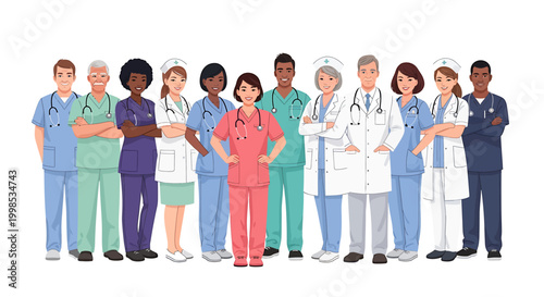 A diverse and dedicated team of healthcare professionals, including doctors and nurses, stand united, showcasing their commitment to medical care and public well-being