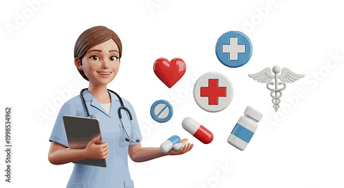 3D Illustration of a Friendly Nurse Holding a Clipboard Surrounded by Medical Icons Like Pills, Heart, and Caduceus