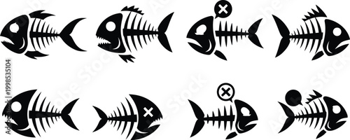 Collection of stylized black fish skeletons, some with 'x' marks and speech bubbles