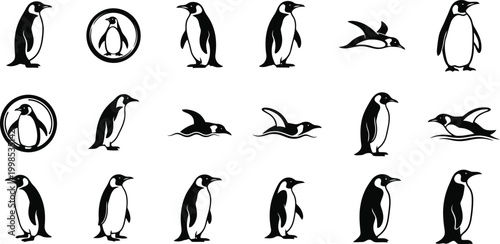 Collection of stylized penguin icons showcasing various poses, swimming, and standing postures.
