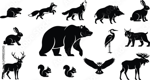 Detailed black silhouette illustrations of diverse forest animals designed as high quality vector clip art graphics