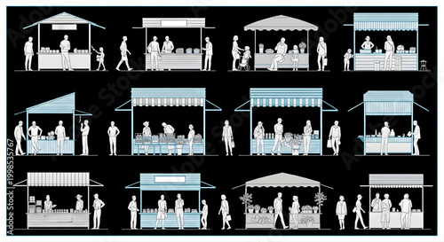AutoCAD Market Stall CAD Block Set – Vendor Booths People Urban Retail Elevation Blueprint Cyan Outline on Black Background