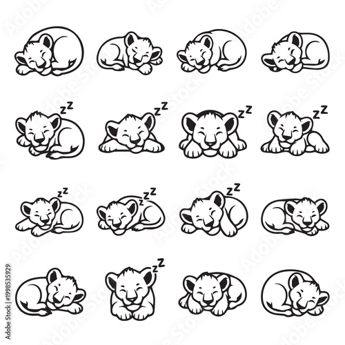 Adorable sleeping lion cubs in various cute poses with zzz icons for peaceful rest concepts