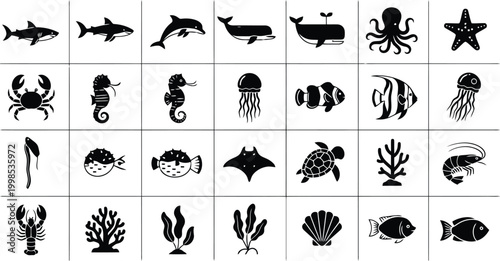 Collection of diverse sea creatures and marine life icons displayed in a grid format