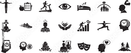 Lifestyle icon set with health, travel, fitness, food and daily activity symbols for modern design
