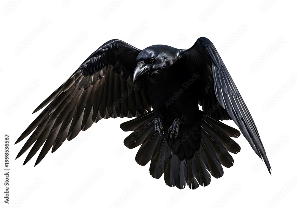 Fototapeta premium Black crow in flight against white sky with wings spread wide