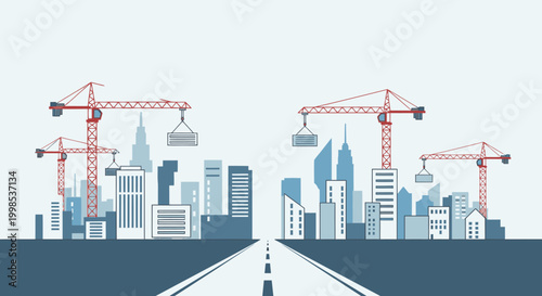 Foto Cranes in a city skyline view.