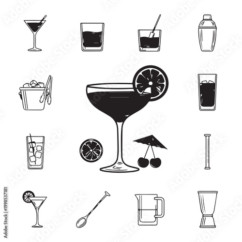 Cocktail Bar Tools and Drinks Collection with Citrus Garnish and Ice Cubes in a Clean Graphic Style