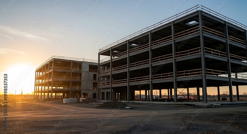 Fototapeta premium Modern industrial construction site at golden hour with steel framework and sunset lighting