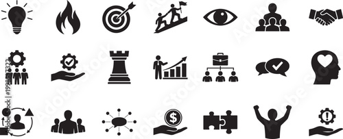 Leadership icon set with team, strategy, vision and management symbols for business growth design