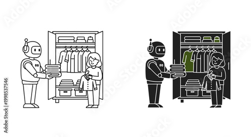 Robot laundry assistant icon set with wardrobe and clothes, white background, vector Illustration